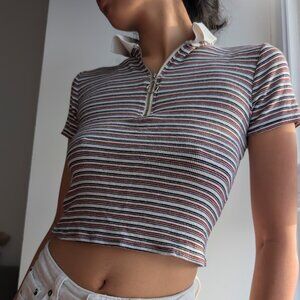 Striped Zip-Up Polo Top